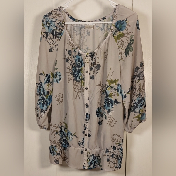 Van Heusen Studio Grey Blue Floral Blouse Size Large Button Front Office Boho - Picture 1 of 9